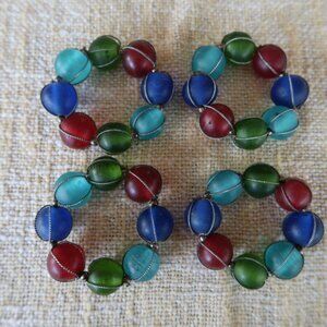 Vintage Jewel Tone Glass Bead Silver Wire Napkin Ring Set of 4